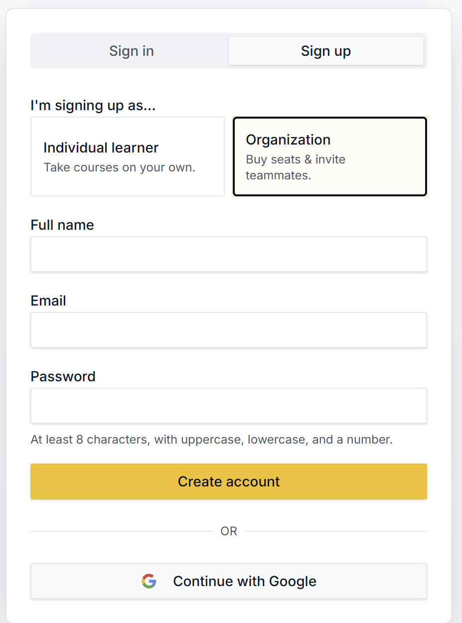 Sign in or create an account screen