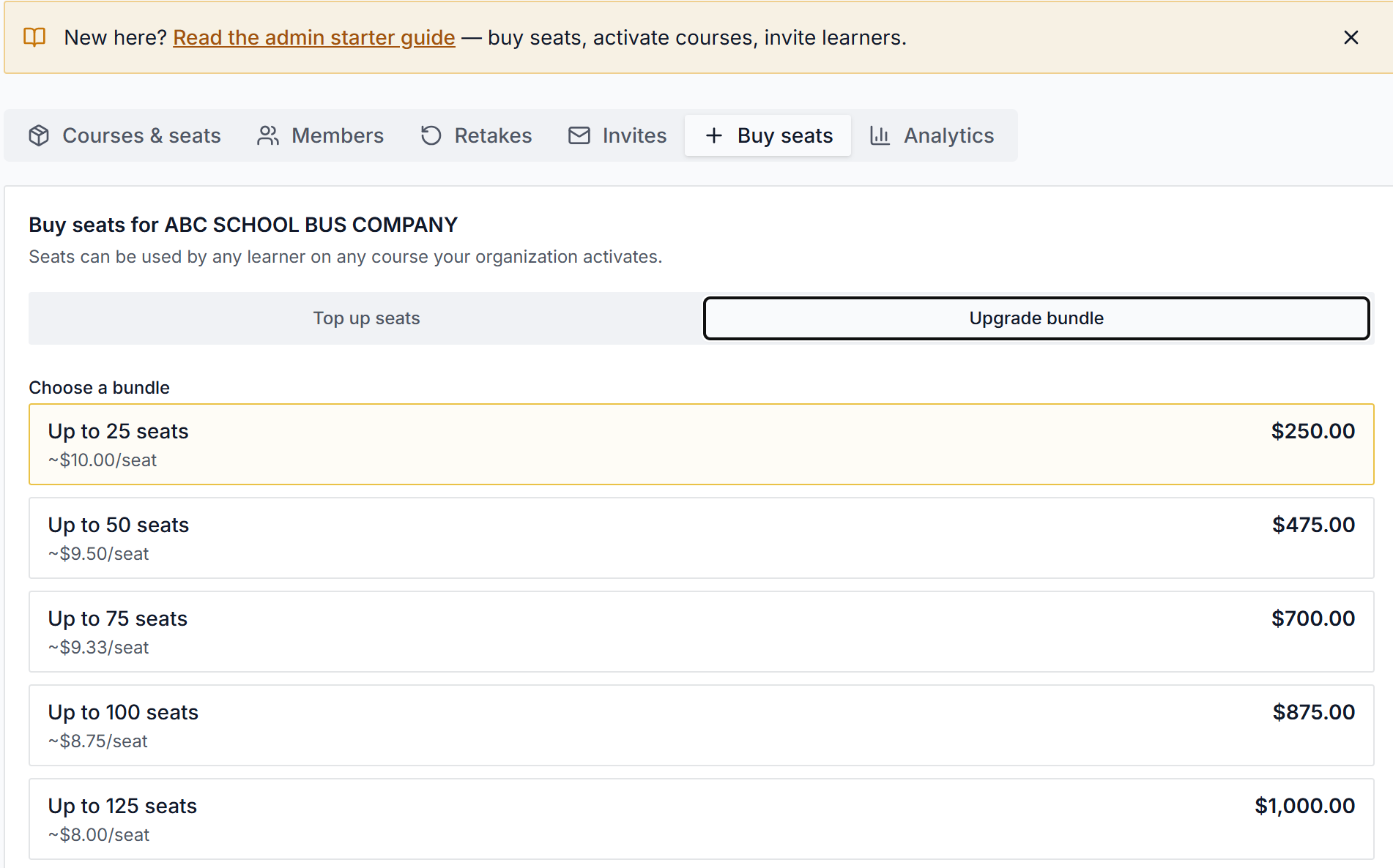 Buy seats tab with bundle picker