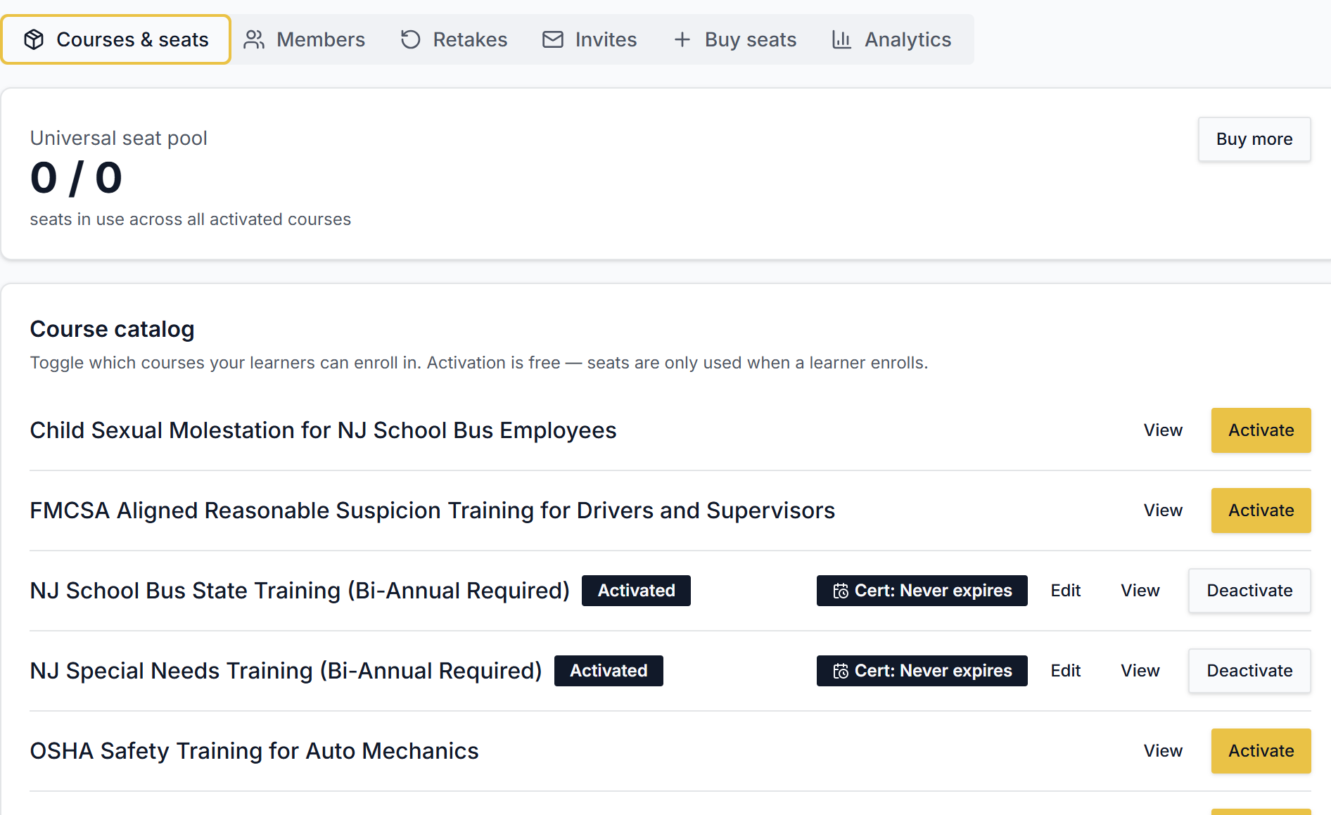 Courses & seats tab with course catalog and Activate buttons