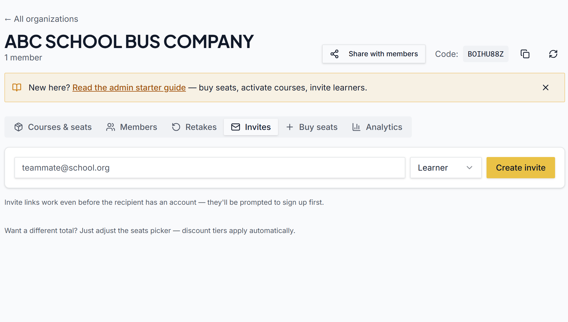 Invites tab with email input and Create invite button