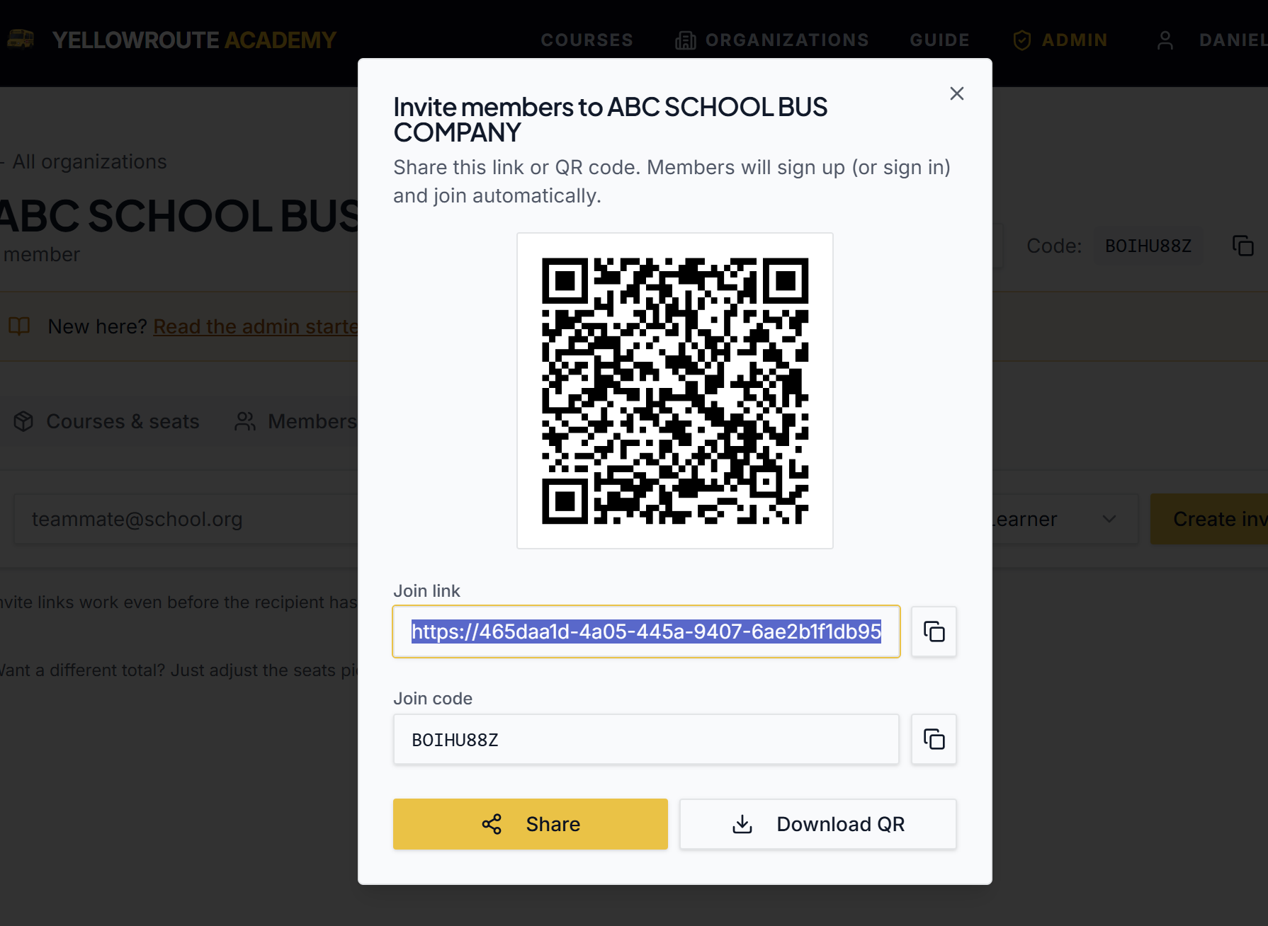 Self-serve join modal with QR code, join link, and join code
